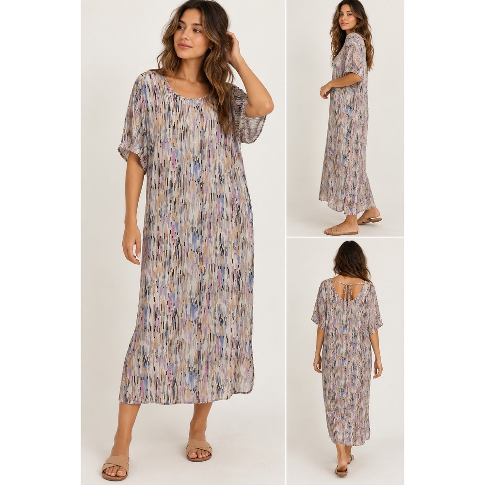 COS 100% Silk Abstract Print Maxi Dress Short Sleeve Tie Back Shift Size 12